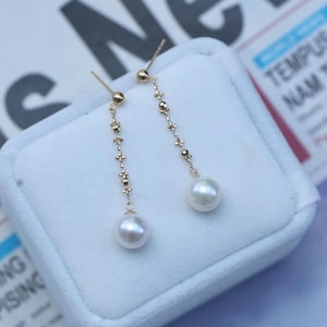 G18K Solid Gold  Pearl Drop Earring,High Quality Japanese Akoya Pearl,Gold Long Tassel Earrings,Cross and golden beans Design