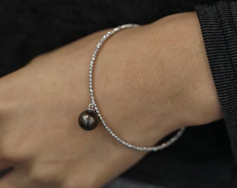 7インチ 天然養殖タヒチ黒真珠 925スターリングシルバー カフバングル