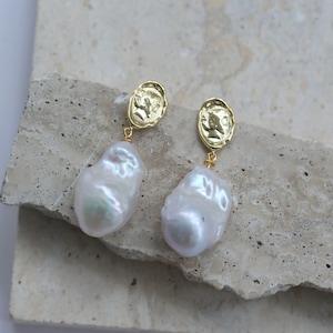 Vintage Style Baroque Pearl Drop Earrings, Golden Irregular Design, Customizable Fashion Jewelry, Ideal Anniversary Gift