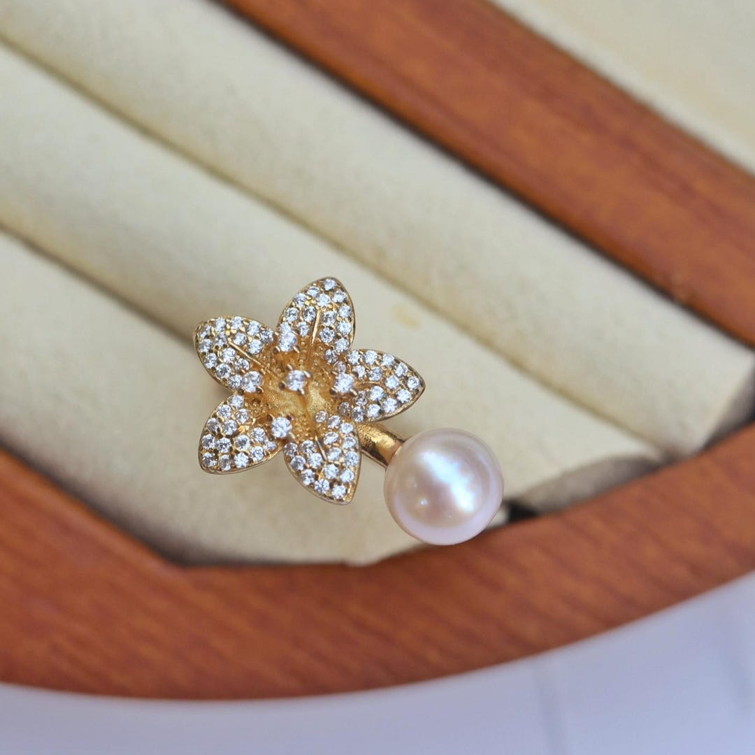 Bague En Perles De Culture Et Zirconium - Plaqué Argent - Taille Ajustable - Neuf
