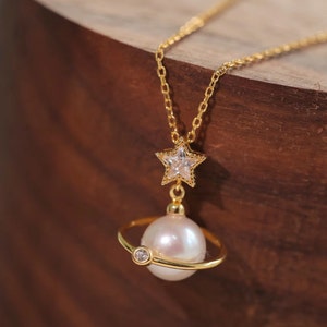 925 Silver Saturn necklace,Star and Planet Necklace,solar system necklace,Natural Freshwater Pearl Necklace,Gift for her
