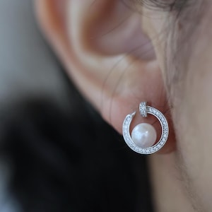 Orecchini in argento sterling 925 con perle Akoya – perle naturali giapponesi da 6-7 mm, orecchini a bottone con zirconi cubici, elegante regalo di gioielli di perle
