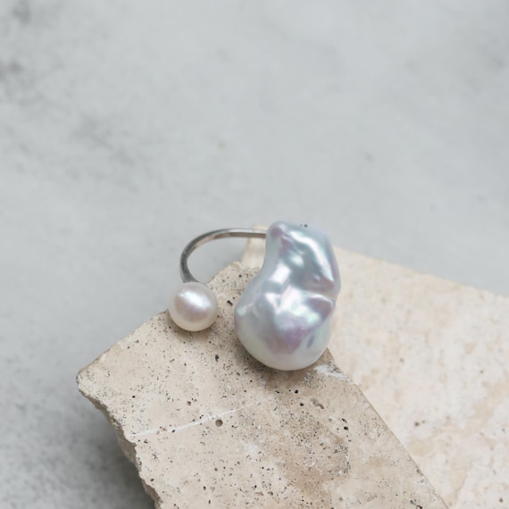 Open Silver Baroque Pearl Ring, Large Exaggerated Pearl Jewelry, Birthday Gift for Her