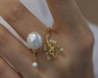 Baroque Pearl Ring Gold Adjustable Flower Design, 925 Sterling Silver Statement Ring, Freshwater Pearl Jewelry Gift for Her, Art Deco Style