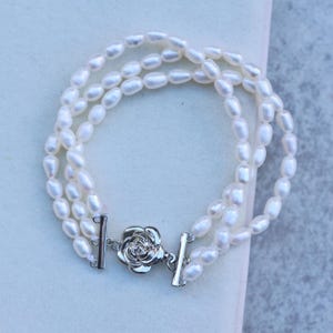 3 Strand Pearl Bracelet with Rose Clasp | Vintage Style Bridal Jewelry | Freshwater Pearl Layered Bracelet | Gift for Her