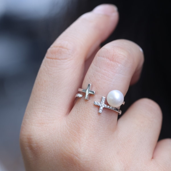 S925 Silver Crosss Rings,jerusalem cross ring,Natural Freshwater Pearl Ring,Christmas Gift, Valentine's Day Gift, Mother's Day Gift