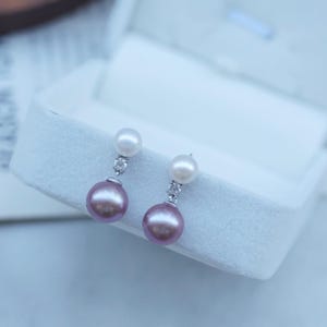 Double Freshwater Pearl Earrings,Real white and Purple Pearl,Large Pearl Earrings,Two Pearl Earrings,Pearl Drop Earrings,Bridesmaid Gifts