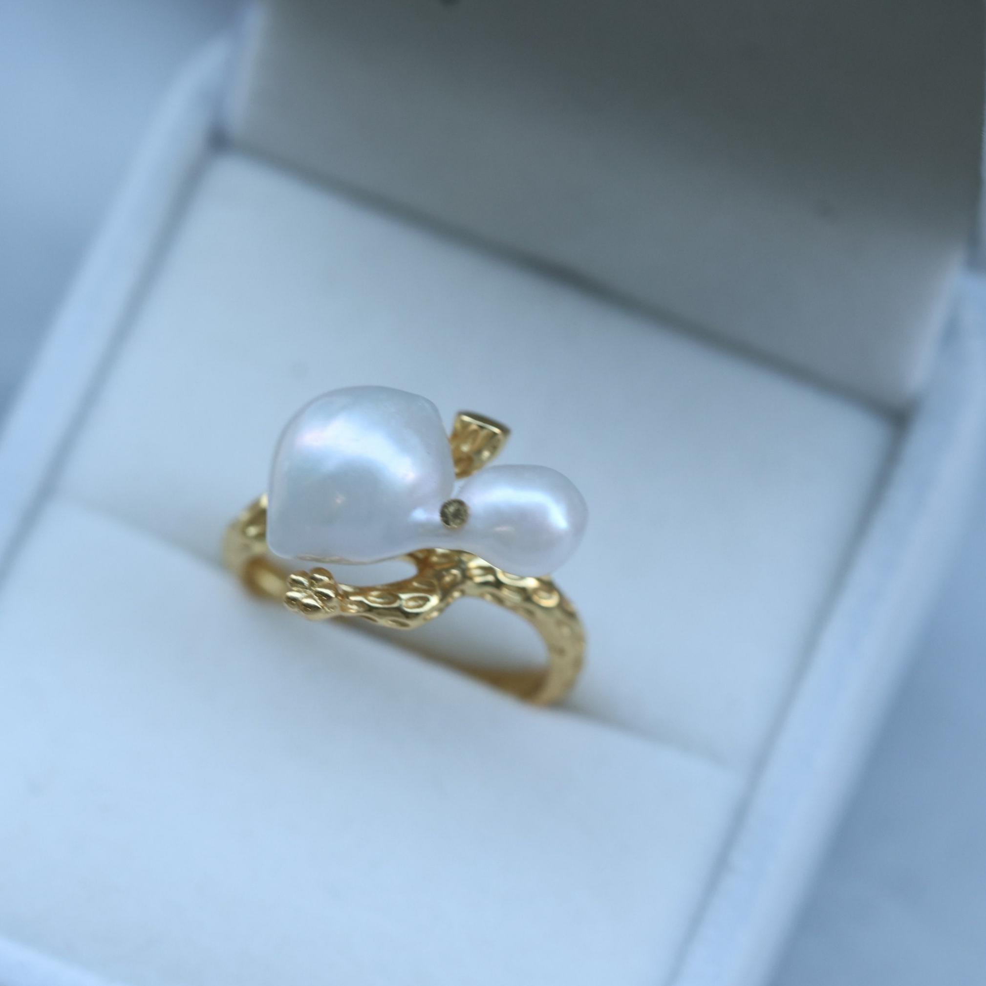 AIMERLUNE Anillo De Perla Natural Barroca Ajustable | Joya Retro Francesa En Chapado Oro Con Perla Agua Dulce De 16.5 Mm, Regalo Ideal