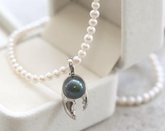 Tahitian Black Pearl Necklace, 8-9mm Natural Pearl Pendant in S925 Sterling Silver, Minimalist Elegant Jewelry Gift for Women
