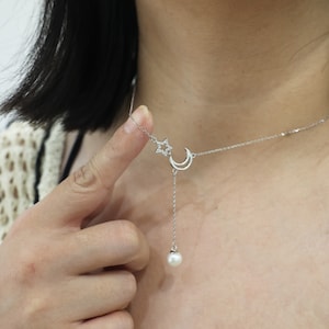 Silver Star and Moon Necklace, Real Freshwater Pearl Y Necklace, Delicate Jewelry Gift,Christmas Gift