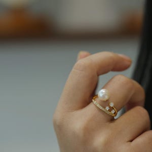 Elegant Diamond Pearl Ring with Real Freshwater Pearl,Sterling Silver 925 and Gold,Adjustable Ring,wedding Pearl Jewelry,Christmas Gift