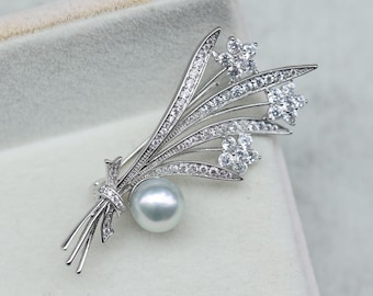 Broche de lujo con perlas de trigo / Alfiler de plata con perla Akoya azul japonesa de 8-8,5 mm / Regalo elegante para aniversario, jubilación o boda.