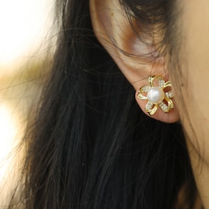 Sakura Pearl stud Earrings,Gold Filled Flower Earrings,Floral Flower Stud Earrings, Wedding Gift, Bridesmaid Gift, Gift For Her