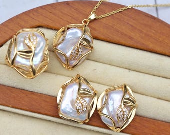 Handmade Baroque Pearl Jewelry Set | Leaf Design Earrings Necklace Ring | Gift for Her | 14K Gold Plated