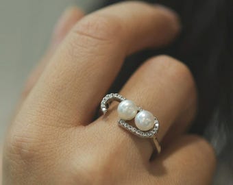 Double Pearl Ring, S925 Silver Zircon Open Adjustable Ring, Natural Freshwater Pearl Jewelry Gift for Women, Elegant Minimalist Design
