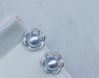 Pendientes de perlas Akoya azules plateadas, pendientes de perlas cultivadas japonesas de agua de mar de 7-8 mm con forma de flor