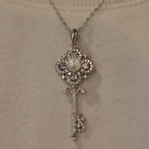Vintage Lace Key Necklace with Freshwater Pearl, Unlock Your Mind&#39;s Potential, Meaningful Jewelry Gift for Her