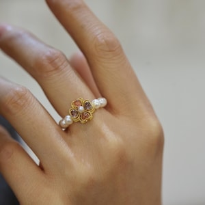 Vintage Pearl Flower Ring - Dainty Gold Beaded Ring with Tourmaline - Adjustable Floral Ring for Women - Handmade Romantic Jewelry Gift