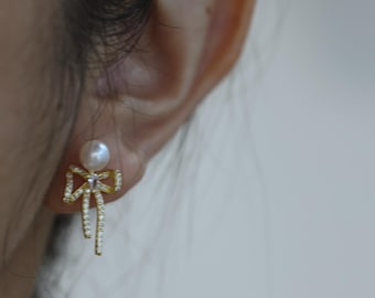 Bow Pearl Earrings, Gold Pearl Stud Earrings, Zircon Bow Earrings Gift for Her