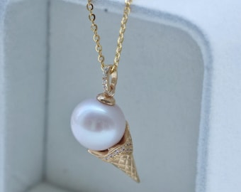 Eis Perle Anhänger Halskette - 14K vergoldet Silber, Süßwasser Perle Schmuck Geschenk für Teenager Mädchen oder Freunde, niedlichen Sommer Stil
