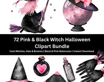 Pink Witch Halloween Clipart PNG Bundle: Watercolor Witches, Hats & Brooms (Instant Download)