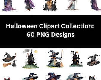 Halloween Clipart Bundle: Watercolor Witches, Pumpkins, Cats (60 PNG Digital Download)