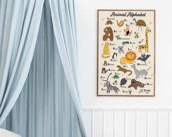 Animal Alphabet Illustration Nursery Wall Art Printable Minimalist Geometric, Printable Digital Download
