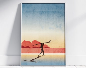 Surfer Girl Wall Art, Retro Style Beach Poster, Beach House Decor, Digital Print