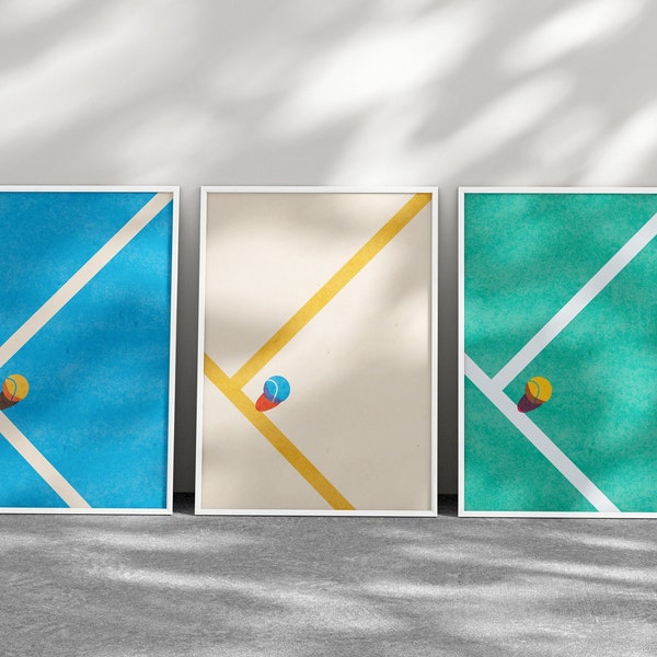 Affiche minimaliste de court de tennis, bloc de couleurs, style moderne du milieu du siècle, cadeau pour les fans de tennis, affiche de sport, lot de téléchargement numérique à 3 impressions