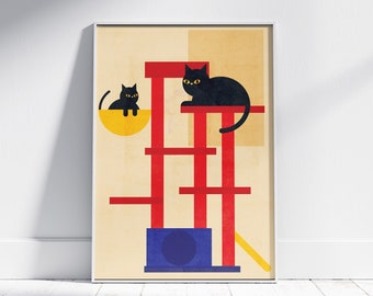 Minimal Black Cat Art Print Bauhaus Cat Tree Mid Century Modern Style Poster Geometric Cat Print Cat Person Gift Printable Wall Art