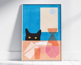 Black Cat Printable Wall Art Black Cat at Table Minimalist Cat Print Mid Century Style Cat Poster for Cat Person Gift Digital Download