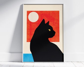 Minimalist Black Cat Art Print Mid Century Modern Style Poster Geometric Cat Wall Art Cat Person Gift Printable Wall Art