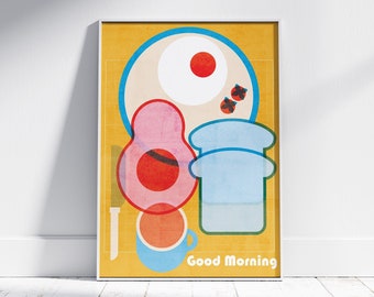 Bauhaus Kitchen Decor Retro Art Minimalist Wall Poster Geometric Breakfast Printable Wall Art