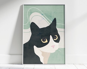 Cat Japandi Printable Wall Art Tuxedo Cat Sage Green Minimalist Art Print Japandi Style Cat Poster for Cat Person Gift Digital Download