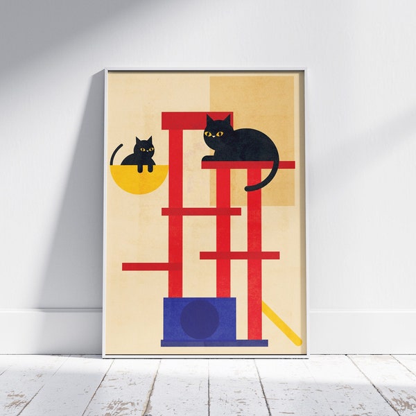 Minimal Black Cat Art Print Bauhaus Cat Tree Mid Century Modern Style Poster Geometric Cat Print Cat Person Gift Printable Wall Art