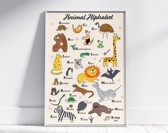 Animal Alphabet Illustration, Minimalist Geometric, Printable Digital Download