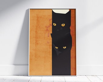 Minimalist Peeking Black  Cats Printable Wall Art Mid Century Modern Style Poster Boho Art Print Cat Person Gift Digital Download