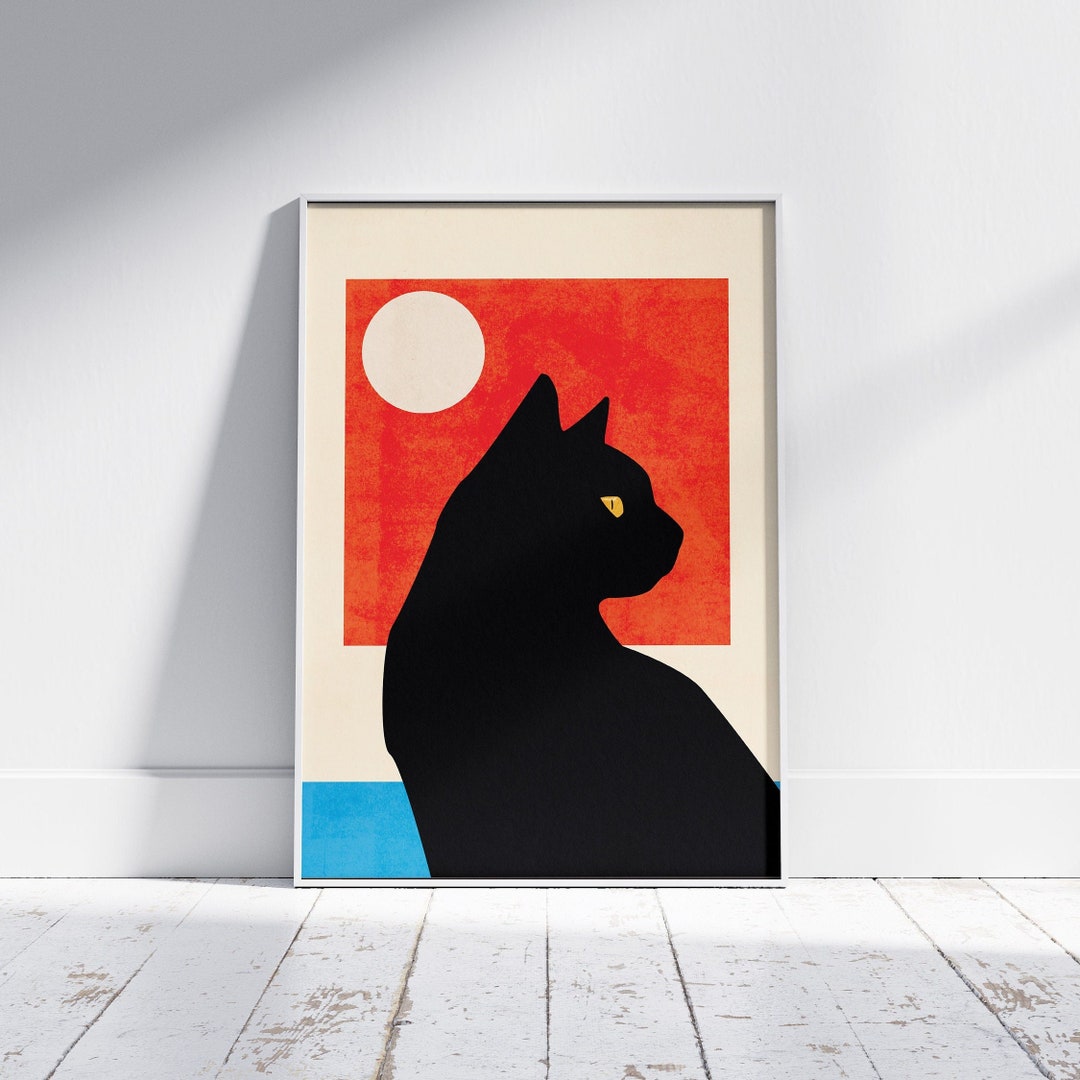 Minimalist Black Cat Art Print Mid Century Modern Style Poster ...