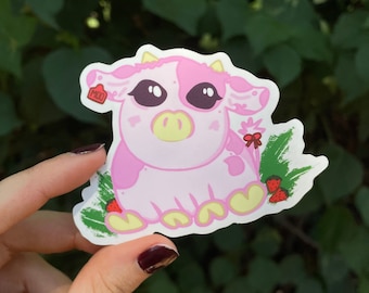 Strawberry Cow Vinyl Sticker: Weatherproof, Hand-Drawn Animal Decal