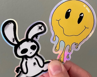 Holographic Vinyl Stickers | Melted Smiley Face | Bunny | Glossy