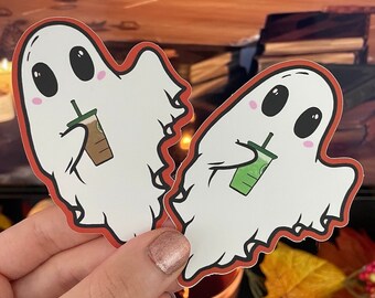 Coffee Ghost Vinyl Sticker: Hand-Drawn Weatherproof Latte & Matcha