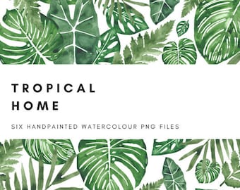 Tropical Leaves Watercolor Clip Art Digital Graphics 600dpi png Monstera Palm Fern Tropical Green Leaves Wedding Scrapbooking
