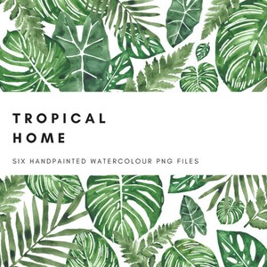 Op de afbeelding: Zes aquarel illustraties van tropische bladeren in tinten groen. De bladeren zijn gerangschikt in een rand rond de tekst "TROPICAL HOME" en "SIX HANDPAINTED WATERCOLOUR PNG FILES".