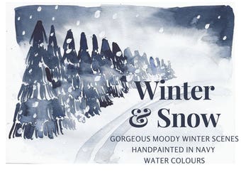 WINTER & SNOW Navy Indigo watercolor background paper clip art, pine trees, mountains, snow, invitations, scrapbooking, clipart watercolour