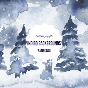 May include: Watercolor painting of a winter scene with blue and white trees and a white background. The text "600dpi png file INDIGO BACKGROUNDS WATERCOLOR" is in the center of the image.