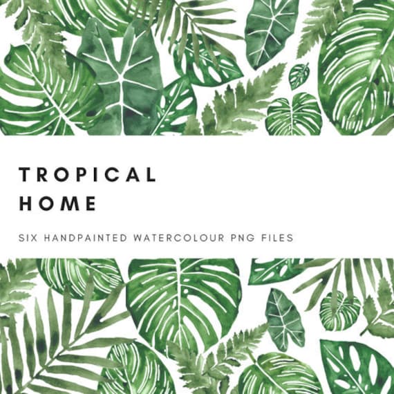 Tropical Leaves Watercolor Clip Art Digital Graphics 600dpi png Monstera Palm Fern Tropical Green Leaves Wedding Scrapbooking