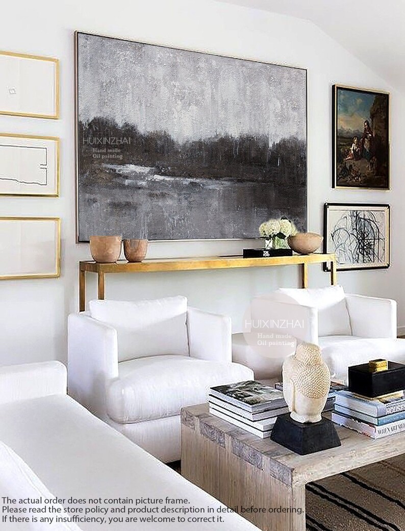 Large Abstract Painting Original Art Horizontal Wall Handmade Decor Black White Oil Canvas 4651