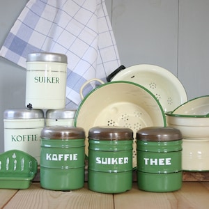 Enamal SET original Dutch Kitchen Set / Coffee Sugar Tea cans /soap dish / strainer