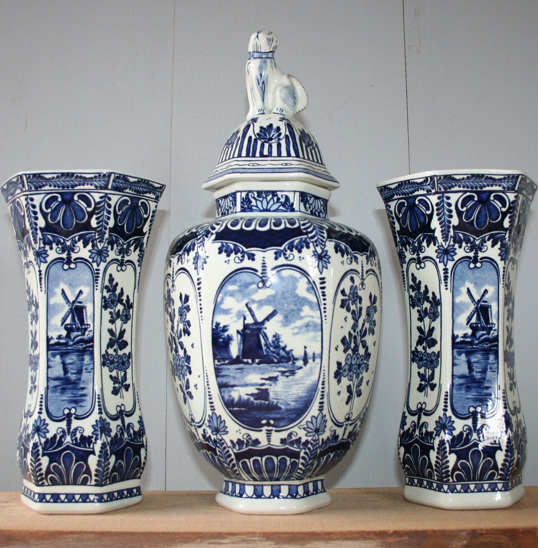 BOCH Vases Delft Dutch Blue / Delfts Set / Lidded Vase With Windmill Scenery Etsy