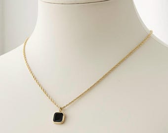 Black Onyx Gold Rope Chain Pendant Necklace, Layering